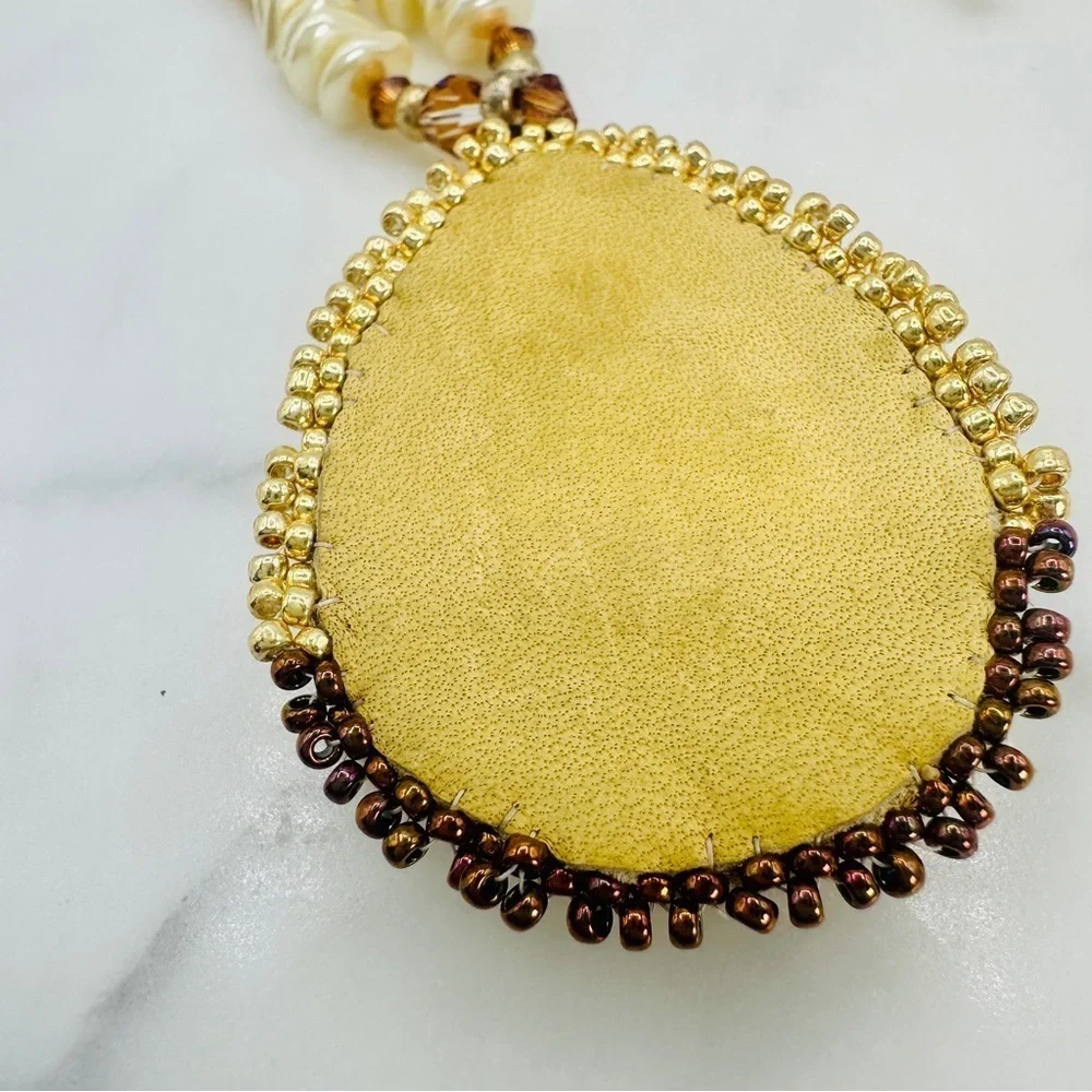 Vintage Stone Pendant Necklace Embroidery Bead Edge Leather Back 25” Long 70s